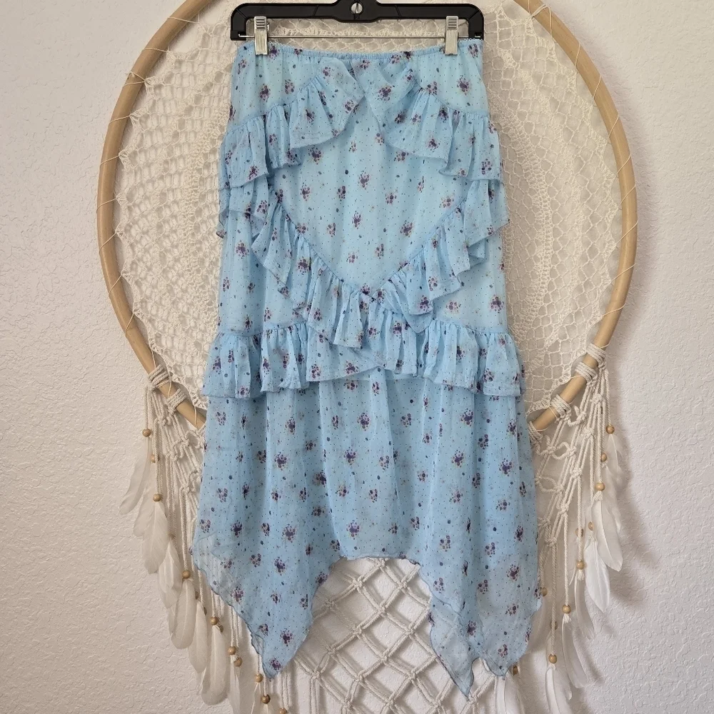 Urban Outfitters Boho Fairycore Blue Ditsy Floral Ruffle Asymmetrical Midi Skirt